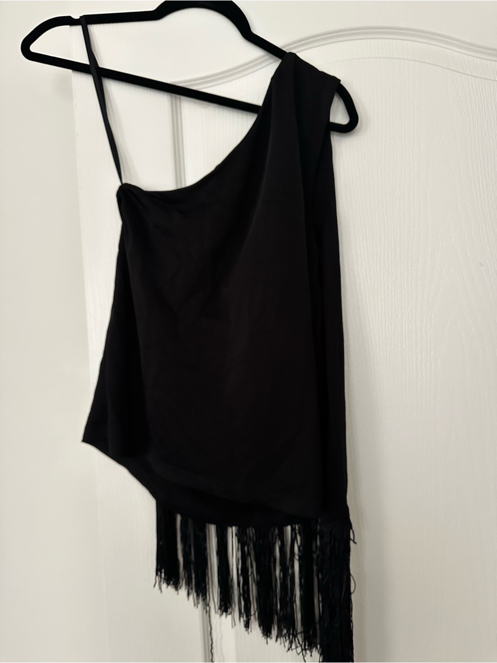BCBGMaxAzria Black Asymmetrical One-Shoulder Fringe Camisole